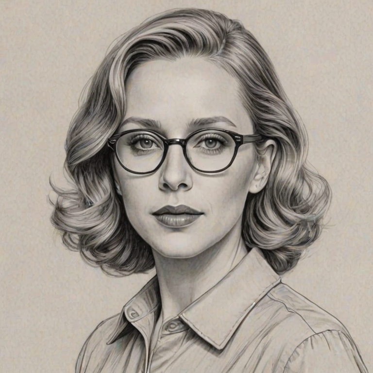 Stunning Vera Farmiga, pencil sketch, portrait of Graceful woman 1945s in glasses, hair style beatnik, outline, clear lines, fine lines, 8k
