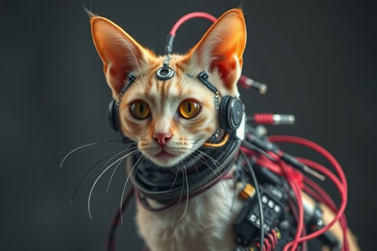 a wired-cyborg cat - made of wires, cables technical parts and beige/red cyberpunk elements