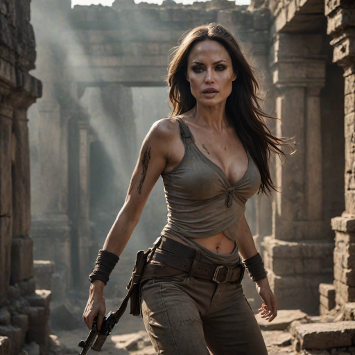 Fierce "Angelina Jolie" action pose, long dark hair in motion, determined expression, Tomb Raider inspired outfit, ancient ruins background, dramatic backlighting, smokey eye makeup, athletic physique