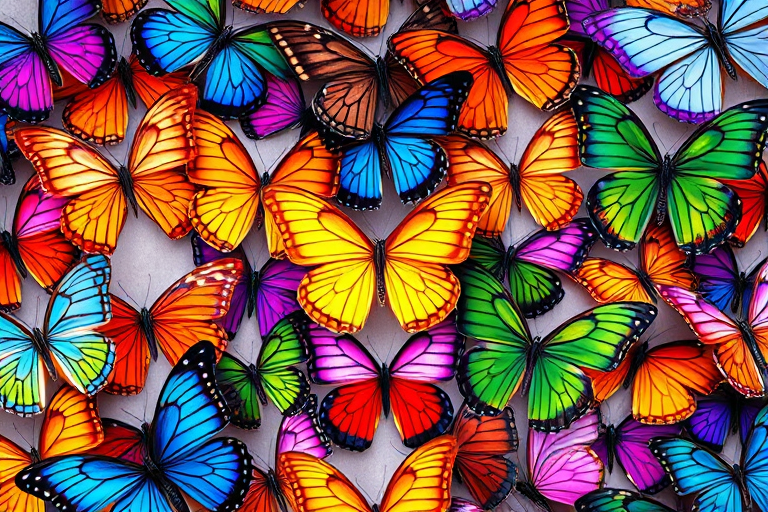 High-resolution close-up shot of a vibrant array of colorful butterflies in a seamless pattern, ISO 100, f/8 aperture, 50mm lens, natural daylight, soft focus background.