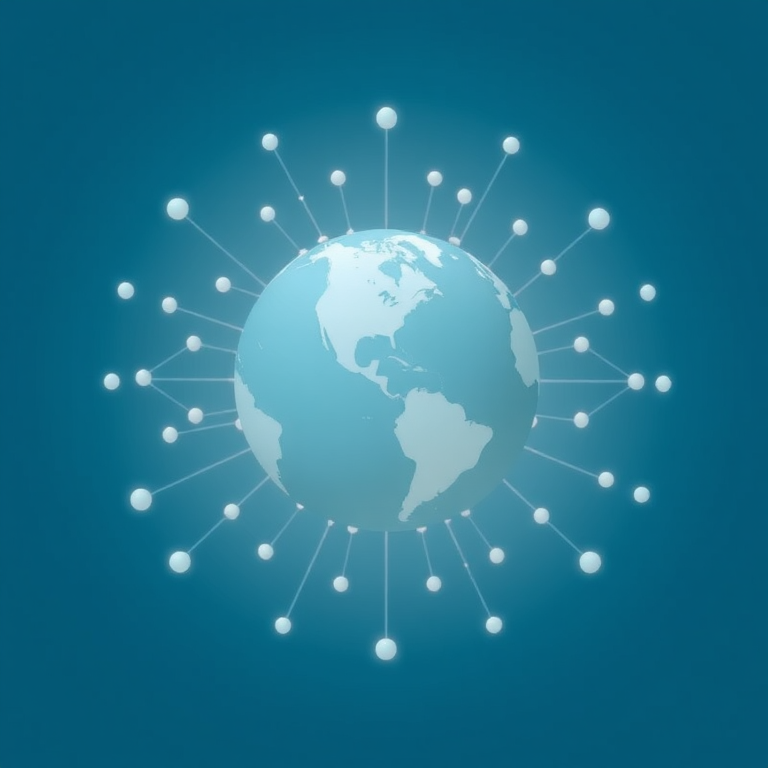 Create an abstract representation of a globe surrounded by interconnected dots on a gradient blue background, using a Canon EOS R5 with a 50mm lens, aperture f/1.8, ISO 100, shot from a top-down view at a moderate distance to enhance details and clarity.