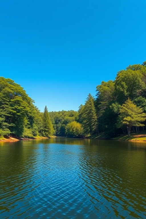 Create a high-resolution image of a tranquil natural landscape featuring a serene lake surrounded by lush green trees, with a clear blue sky overhead, using a DSLR camera at f/8 aperture, ISO 100, 1/250 shutter speed, in landscape mode with a wide-angle lens.