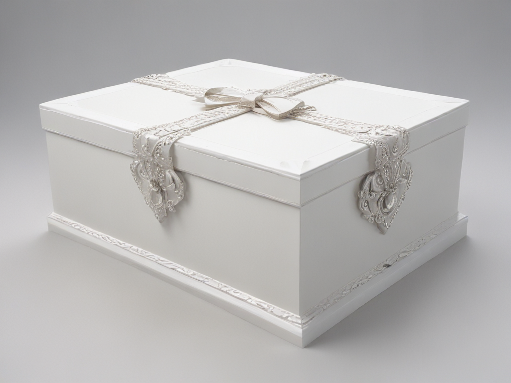 Elegant White Gift Box Adorned with Intricate Silver Ribbon and Bow