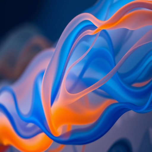High-resolution abstract image of blue and orange flowing colors, soft focus, Canon EOS R5, 50mm lens, f/1.8, ISO 100, natural lighting.