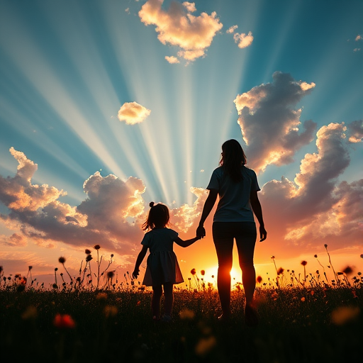 Capture a silhouette of a parent and child holding hands while walking through a field of flowers at sunset, with vibrant clouds and sun rays illuminating the scene, shot with a Canon EOS R5, 50mm lens, f/1.8 aperture, ISO 200, and a low-angle perspective to emphasize the dramatic sky.