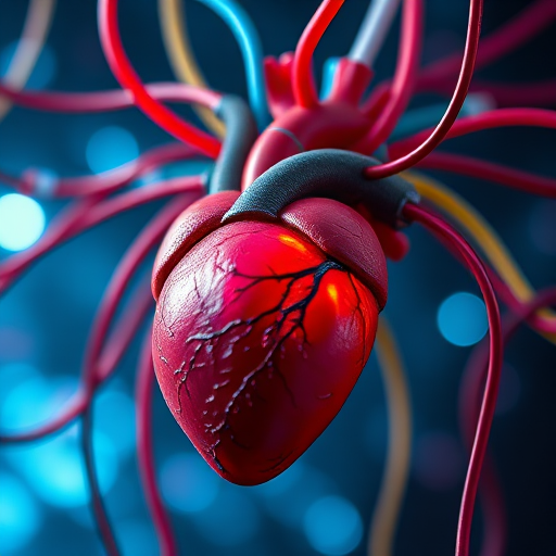 Create a hyper-realistic image of a human heart connected to colorful tubes, with dramatic lighting and an ethereal background, shot with a Canon EOS R5, 50mm lens, f/1.8 aperture, ISO 100, and a low angle view to enhance depth and detail.