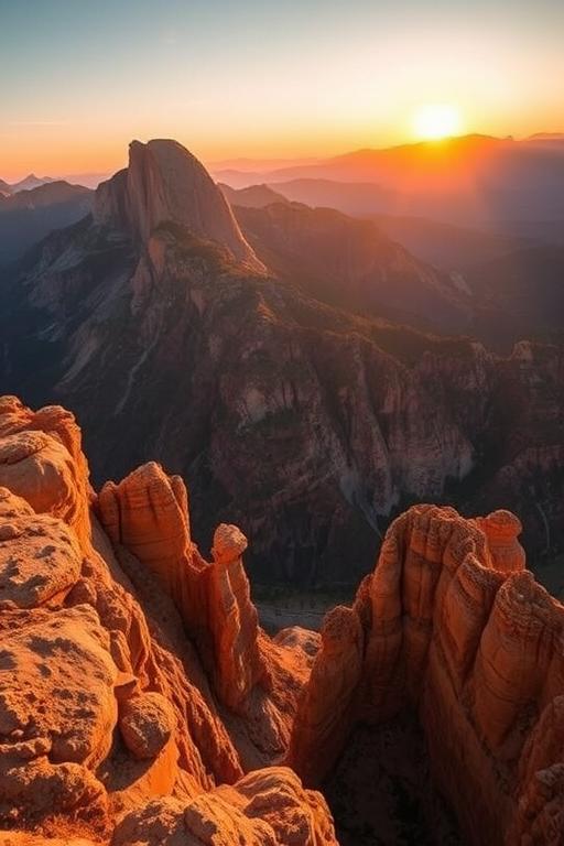 generate a breathtaking landscape image of majestic mountains at sunrise with a warm golden glow, capturing intricate details of rock formations in the foreground, use a Canon EOS 5D Mark IV, lens at 24mm, aperture f/11, shutter speed 1/60 sec, ISO 100, HDR style, aerial view for enhanced depth and clarity
