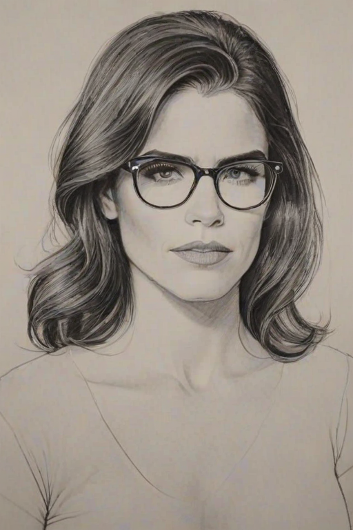 Splendid Karla Souza, pencil sketch, portrait of Ravishing woman 1962s in glasses, hair style beatnik, outline, clear lines, fine lines, 8k
