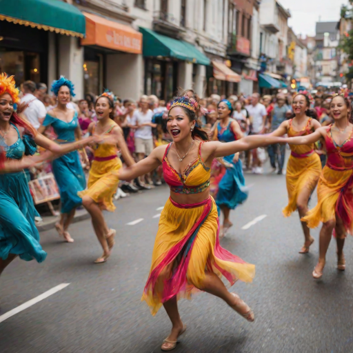 Blurry candid shot of a group of dancers performing in a street festival, bright, colorful costumes swirling in motion, with distant onlookers cheering from the sidelines.