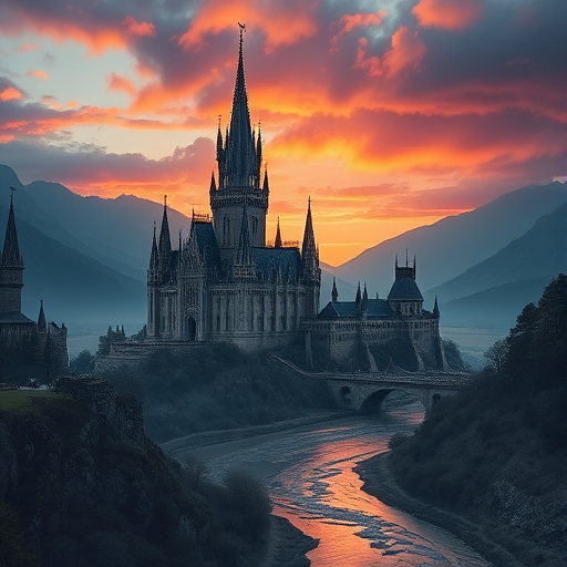 Generate a fantasy landscape featuring a majestic, intricate castle with towering spires and a winding river in the foreground, captured with a DSLR camera at f/8, 1/125s, ISO 200, wide-angle lens, in a dramatic twilight setting with rich shadows and vibrant highlights.