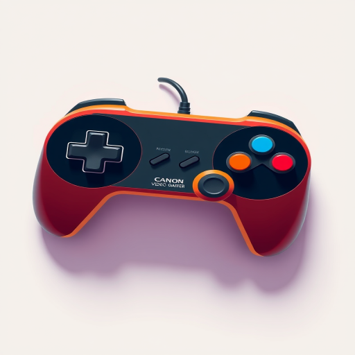 Create a high-resolution illustration of a retro video game controller with a clean design and vibrant colors, using a Canon EOS R5 camera, aperture f/2.8, ISO 100, 50mm lens, top-down view, with soft lighting and a subtle shadow for depth.