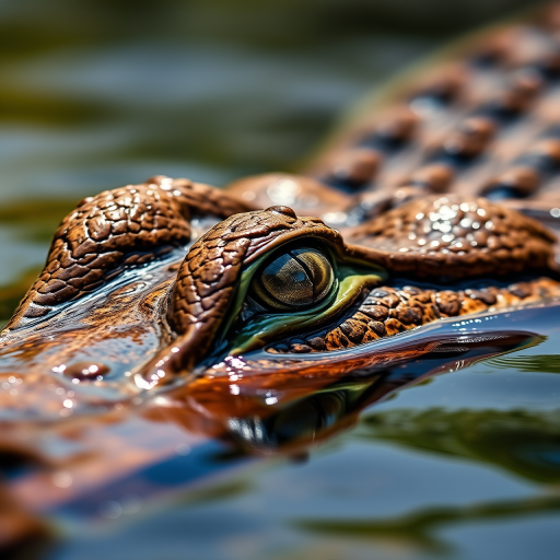 Capture a close-up shot of a crocodile partially submerged in water, with a focus on the eye, using a DSLR camera set to f/4 aperture, 1/200 sec shutter speed, ISO 100, shot in natural light from a low angle to enhance detail and texture.