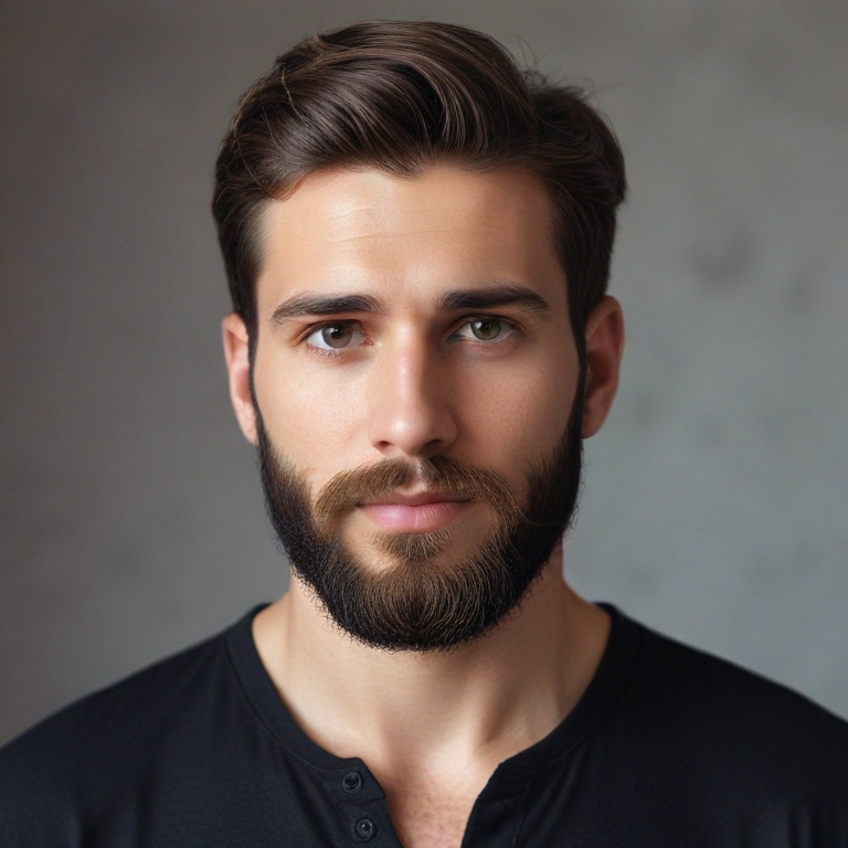 a man with a beard and a black shirt is looking at the camera, handsome stunning realistic, thick beard highly detailed, well-groomed model, bearded beautiful man, detailed beard, beautiful male face, sharp jawline with a light beard, groomed beard, handsome male, groomed facial hair, masculine jawline, high quality portrait, short facial hair, neat beard