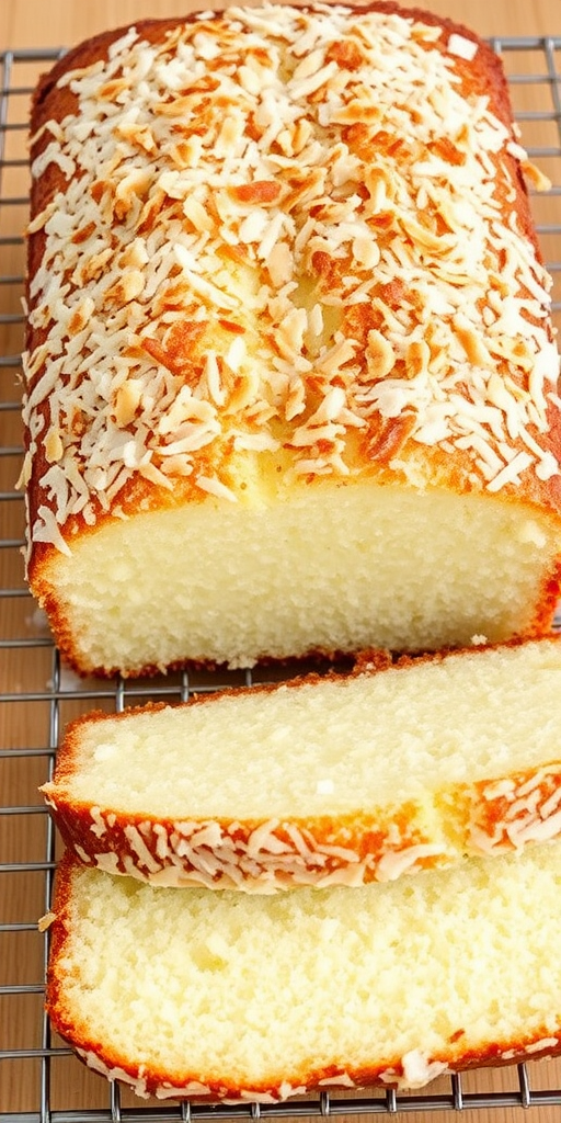 A freshly baked coconut loaf cake topped with toasted coconut flakes and a light glaze, sitting on a wire rack with a slice cut out to reveal its moist texture inside.