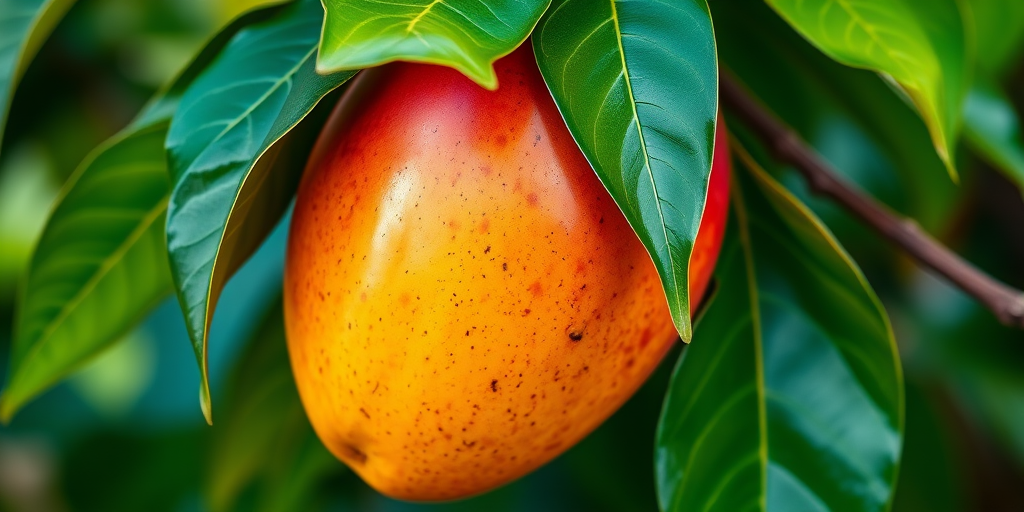create a high-resolution digital illustration of a mango with vibrant colors and detailed leaves, using a DSLR camera with a 50mm lens, aperture set to f/2.8, ISO 100, and a shallow depth of field to enhance the fruit's texture and light reflections.