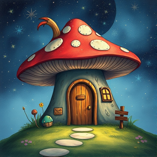 this picture is illustration of a mushroom house with a door and a window, a storybook , fantasy art, mushroom house, bg starry sky, sparkles