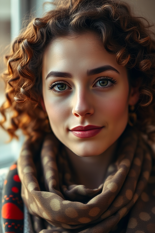 Portrait of a woman with curly hair wearing a patterned scarf, soft natural lighting, ISO 100, f/2.8, 50mm lens, shallow depth of field, DSLR camera, warm color tones, sharp focus on the eyes.
