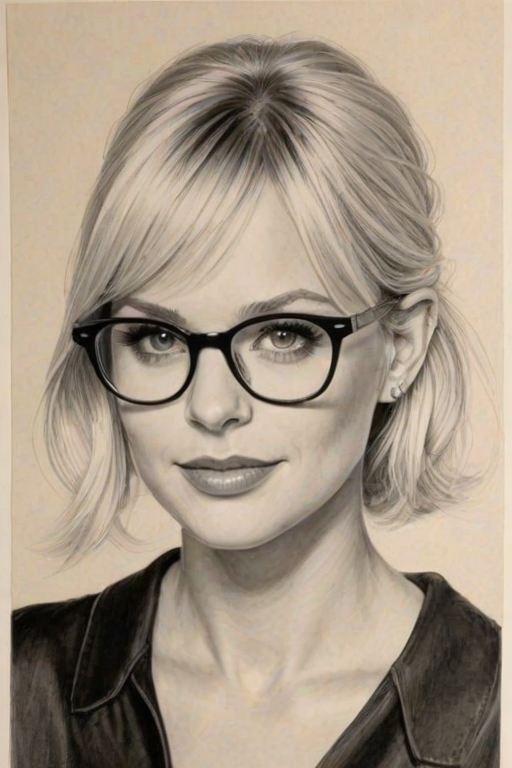 Magnificent Anna Faris, pencil sketch, portrait of Exquisite woman 1951s in glasses, hair style beatnik, outline, clear lines, fine lines, 8k