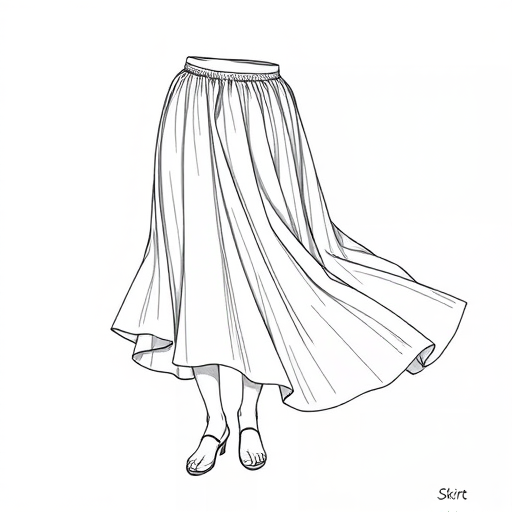 Create a detailed line drawing of a flowing skirt, soft natural lighting, 50mm lens, f/2.8 aperture, ISO 200, centered composition, high resolution, digital illustration style.
