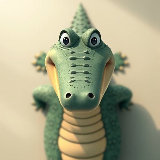 Create a high-resolution illustration of a cartoon crocodile seen from above with a playful expression, using an aperture of f/8, shutter speed of 1/250s, ISO 100, shot in natural lighting with a digital camera in a studio setting for enhanced clarity and detail.