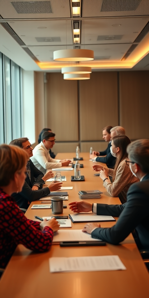 create a business meeting scene with a diverse group of professionals engaged in discussion at a long conference table, using a Canon EOS R5, 50mm lens, aperture f/1.8, ISO 100, shot in warm lighting to enhance details and depth.