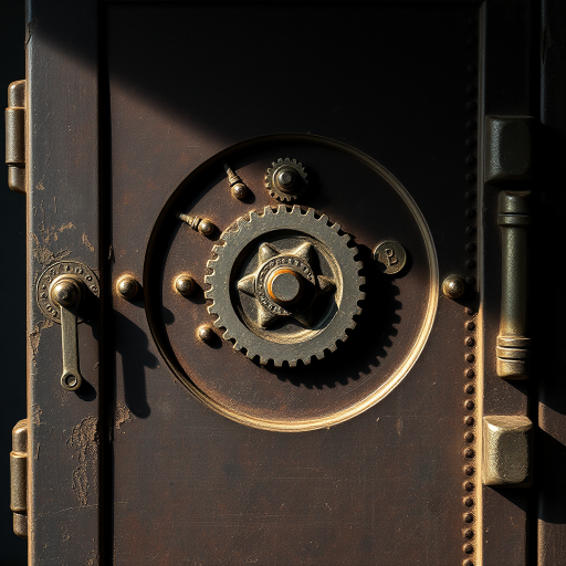 create an image of an antique safe door with intricate gears and a weathered texture, dimly lit from one side, using a Canon EOS R5 with a 50mm f/1.2 lens at ISO 100, aperture f/2.8, and shutter speed 1/60s in a close-up view to enhance details and depth.