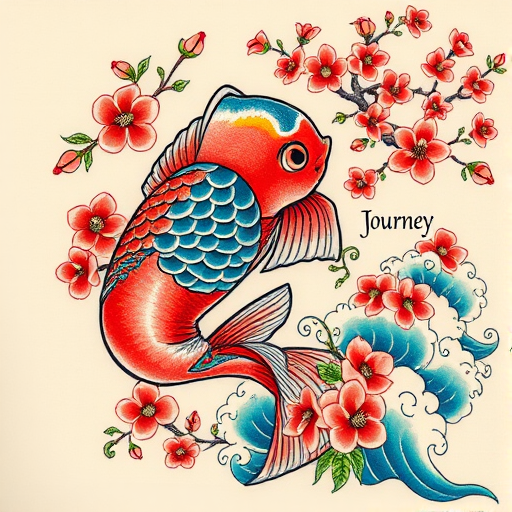 Japanese-inspired irezumi tattoo named "Koi's Journey" featuring a large colorful koi fish swimming among cherry blossoms and waves rendered in vibrant reds blues and greens with black outlines