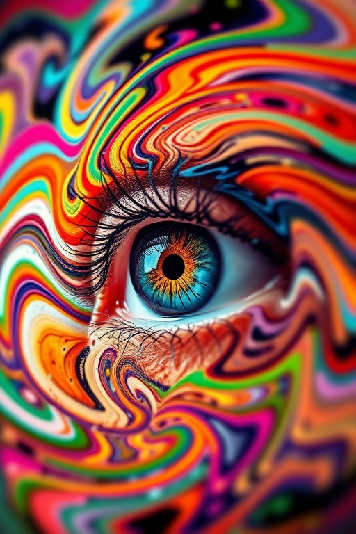 Generate an abstract image featuring a human eye surrounded by colorful swirling patterns, using a DSLR camera with a 50mm lens, aperture f/1.8, ISO 100, and a shallow depth of field for enhanced detail and contrast, capturing in a high dynamic range style.