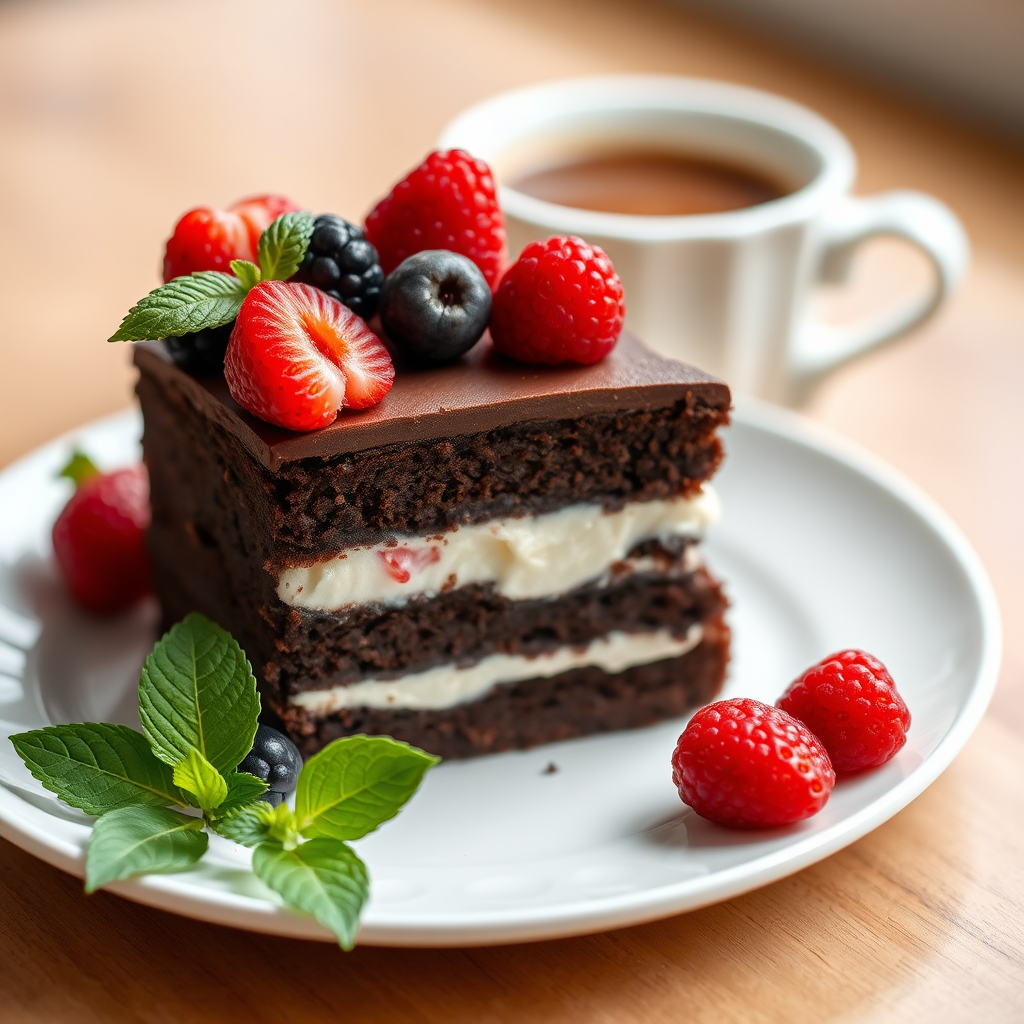 a delicious chocolate cake slice with white filling, garnished with fresh berries and mint leaves, served on a white plate with a cup of coffee in the background, natural soft lighting, shallow depth of field, 50mm lens, f/2.8, ISO 100, DSLR camera, high resolution