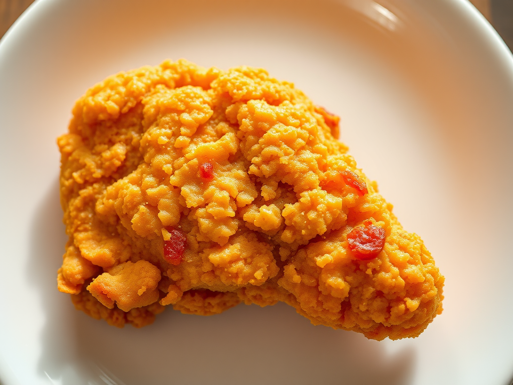 Create a hyper-realistic image of a golden-brown fried chicken breast on a white plate, shot with a Canon EOS R5 at 50mm, aperture f/2.8, ISO 100, natural lighting, and a top-down view to enhance texture and detail of the crispy coating.