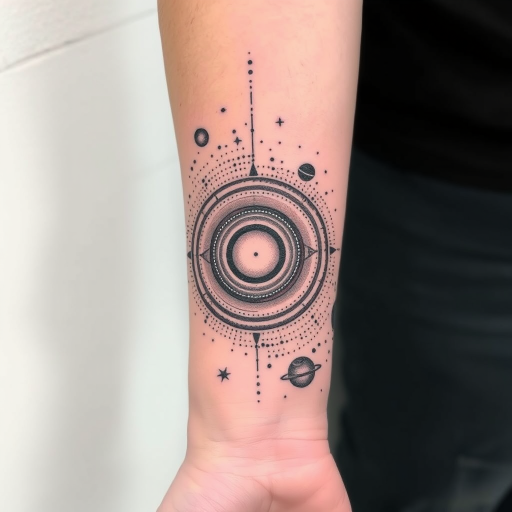 Cosmic dotwork tattoo of the solar system wrapping around the wrist, using precise stippling techniques to create gradients and textures for a celestial masterpiece