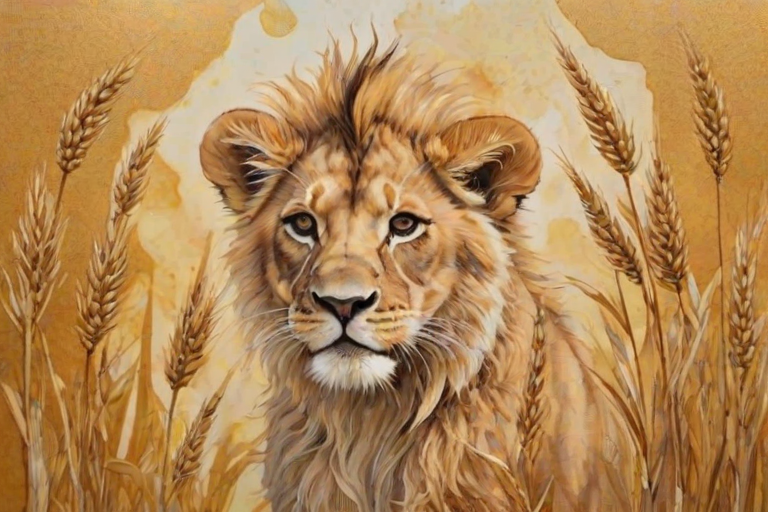 Soft, muted Alcohol Ink with ebru effect background image of tiny whimsical lion, who climbed high on the top of a golden rye ear.