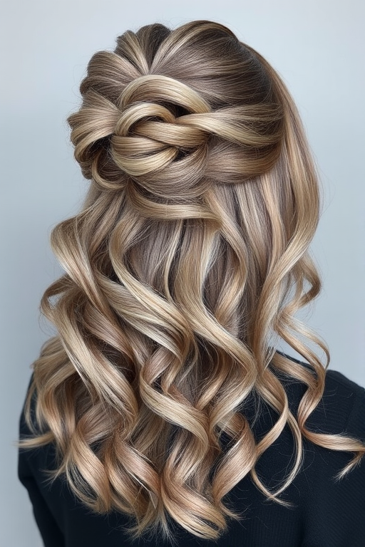 Smoky quartz ombre hair styled in a voluminous half-up bouffant, Misty Mountain style, blending ash brown and cool gray tones for an ethereal, dreamy appearance