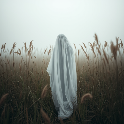 a mysterious figure draped in translucent fabric standing amidst tall, ethereal grasses in a foggy landscape, captured with a Canon EOS R5, 50mm f/1.2 lens, aperture f/2.8, ISO 100, soft focus background, natural light for a dreamlike atmosphere