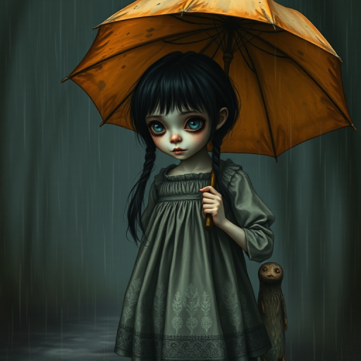 An eerie, weird little girl with dark hair in thin pigtails, wearing a smock dress, standing in the rain, holding a dirty orange umbrella, a small, odd creature beside her. In a surreal style inspired by Nicoletta Ceccoli and Brian Froud. Dark fantasy themes