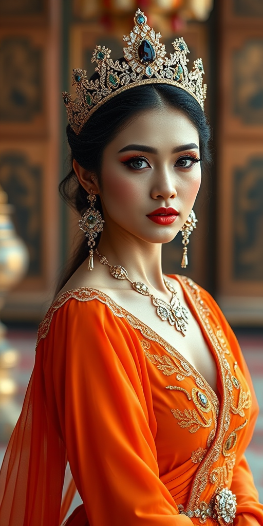 A gorgeous Bhutanese woman in a luxurious orange gown, accessorized with a dazzling tiara and statement earrings, her deep blue eyes highlighted by impeccable makeup, poised in a royal setting, photorealistic, 8K quality
