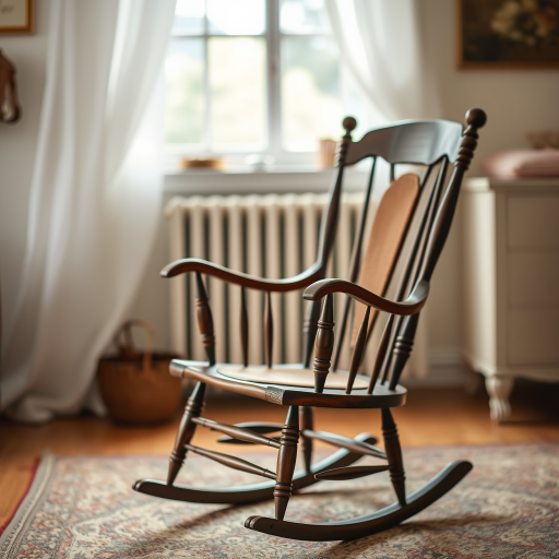 Vintage rocking chair in a cozy room, soft morning light filtering in, DSLR camera, f/2.8 aperture, 50mm lens, ISO 100, shallow depth of field, soft focus background, natural lighting.