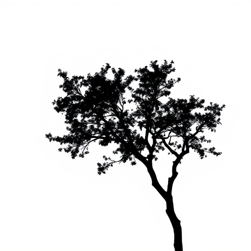 Create a high-resolution image of a minimalist black silhouette of a tree against a white background, using a DSLR camera with a 50mm lens, aperture set to f/1.8, shutter speed of 1/200s, and ISO 100, shot from eye level for a clear depth of field.
