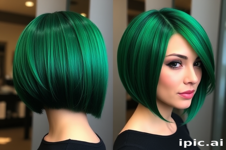 Richly pigmented emerald green tresses styled in a sleek, chin-length bob dubbed "Enchanted Forest," showcase a razor-sharp precision cut with blunt ends, featuring a glossy finish that reflects light beautifully, creating an eye-catching and sophisticated appearance