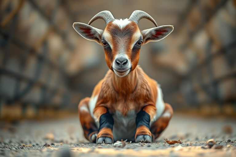 Generate a high-resolution image of a young goat sitting down, using a 50mm lens with f/1.8 aperture, ISO 100, and a shallow depth of field, capturing soft natural light, frontal view, shot with a DSLR camera style for enhanced detail and quality.