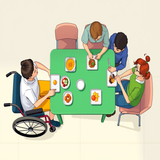 An illustrated scene of four people, two in wheelchairs and two sitting on chairs, dining at a green table with food trays, bright colors and simplified features, top-down view, soft lighting, high-resolution digital art, 50mm lens, f/8 aperture, ISO 100.