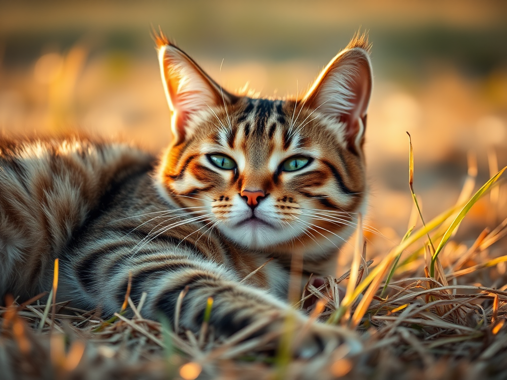 A close-up shot of a relaxed tabby cat lying on dry grass during golden hour, using a DSLR camera with a 50mm f/1.8 lens, aperture set to f/2.8, ISO 100, shutter speed 1/250s, natural light for warm tones and soft focus background.