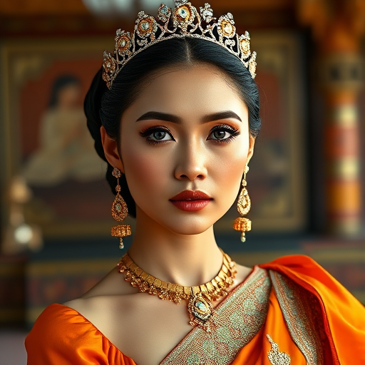 A gorgeous Bhutanese woman in a luxurious orange gown, accessorized with a dazzling tiara and statement earrings, her deep blue eyes highlighted by impeccable makeup, poised in a royal setting, photorealistic, 8K quality