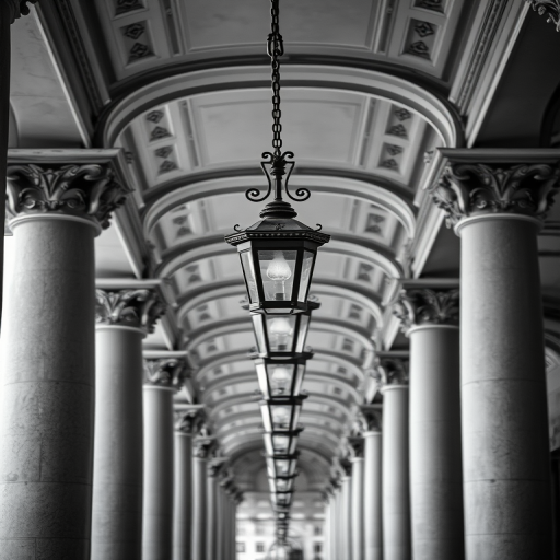 Create a high-resolution black and white image of lined street lamps hanging from a ceiling with ornate architectural columns, using a Canon EOS R5 with a 24mm f/1.4 lens, aperture at f/8, ISO 100, and a focal length of 24mm, taken from a low angle perspective to emphasize depth and symmetry.
