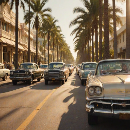 Soft-focus image of a row of vintage cars parked along a sun-drenched boulevard, with palm trees lining the street and soft golden light reflecting off their shiny surfaces.