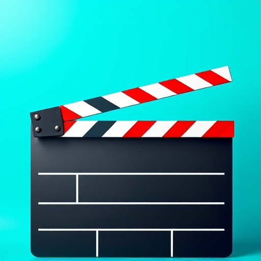 Create a high-resolution image of a vibrant colored movie clapperboard with a bright turquoise background, camera settings: ISO 100, aperture f/2.8, shutter speed 1/200s, camera view: close-up, camera style: vector art, camera type: digital SLR.
