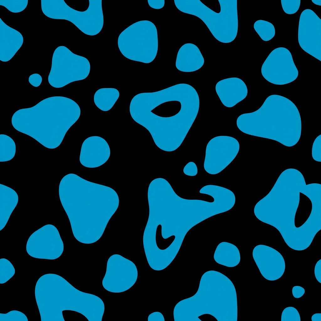 Generate a seamless pattern of abstract blue shapes on a black background, captured with a DSLR camera at ISO 100, f/8 aperture, 24mm focal length, and a top-down view for sharp details and vibrant colors.
