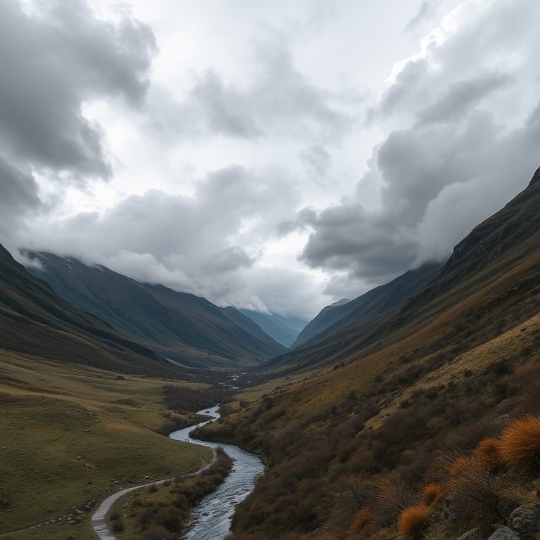 Mountain valley landscape during overcast skies, emphasizing dramatic cloud formations, with a winding creek in the foreground, captured with a Canon EOS R5, 24mm lens, f/8 aperture, ISO 100, and a focal length of 24mm for a wide-angle view.