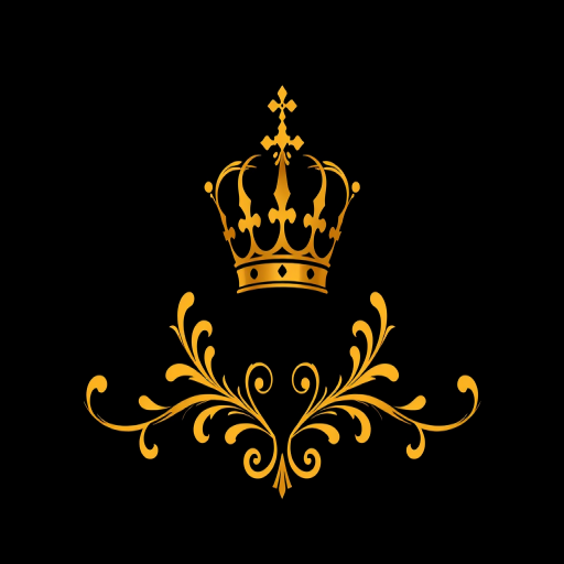 Create a high-resolution digital illustration of decorative golden flourishes with a crown at the center, using a Canon EOS R5 with a 50mm f/1.2 lens, at f/2.8, ISO 100, and a soft focus style on a black background.