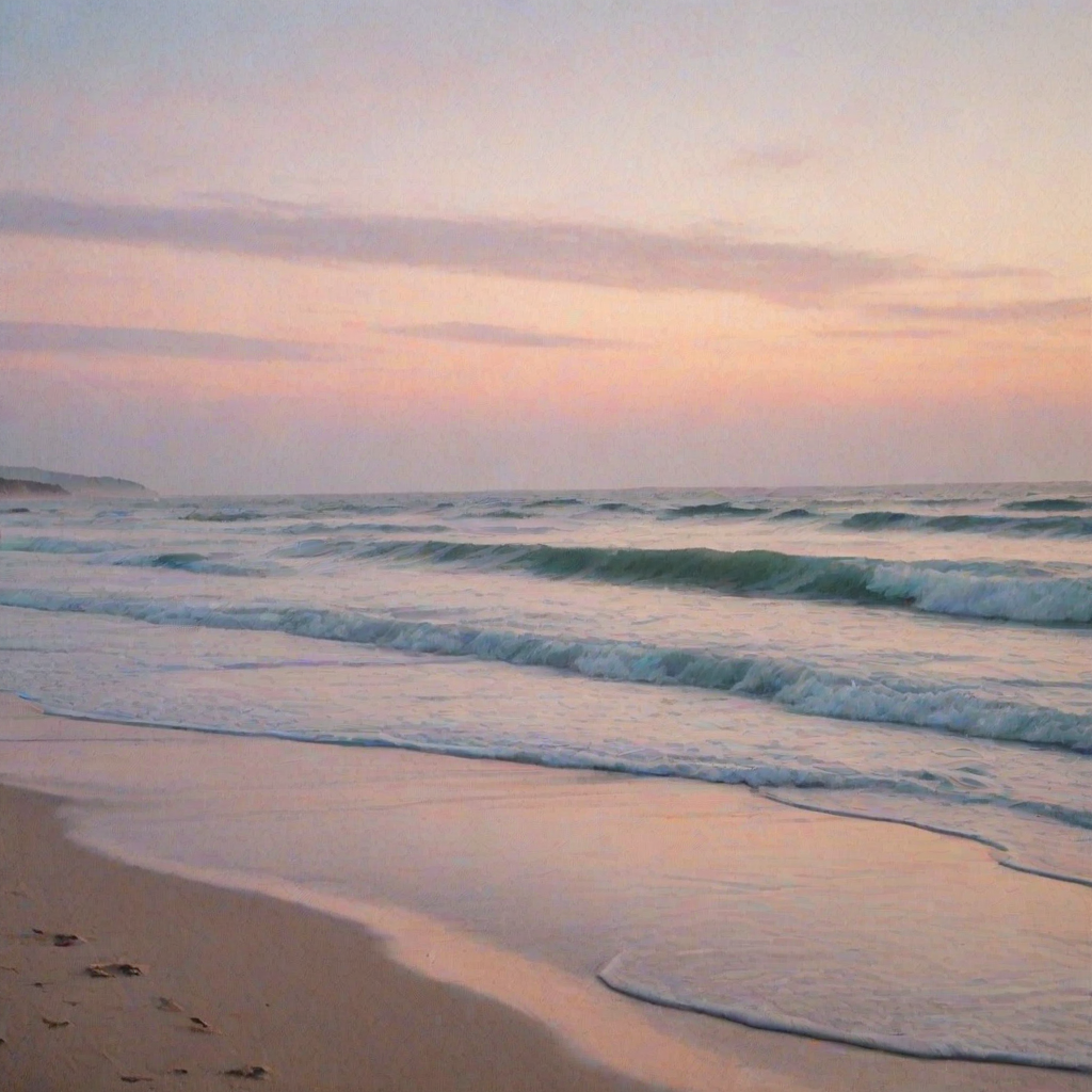 Soft-focus image of a serene beach at dawn, with gentle waves caressing the shore, and soft pastel colors painting the sky as the sun begins to rise.